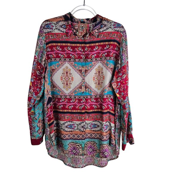 Johnny Was Meco Scarf Print Boho Floral Silk Button-Up Shirt Medium Pink Blue - Picture 1 of 14